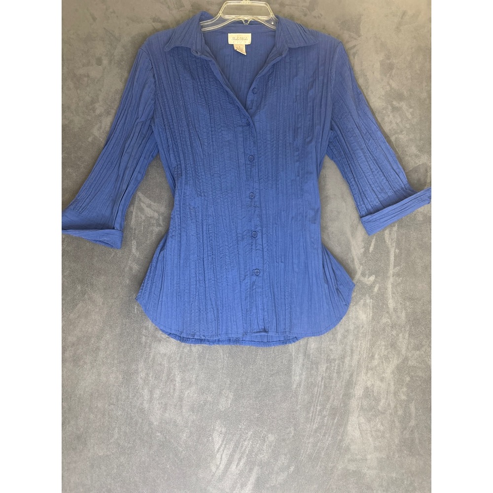 Studio Works Blue Crinkle Texture Button Down Shirt 3/4 Sleeve Size M